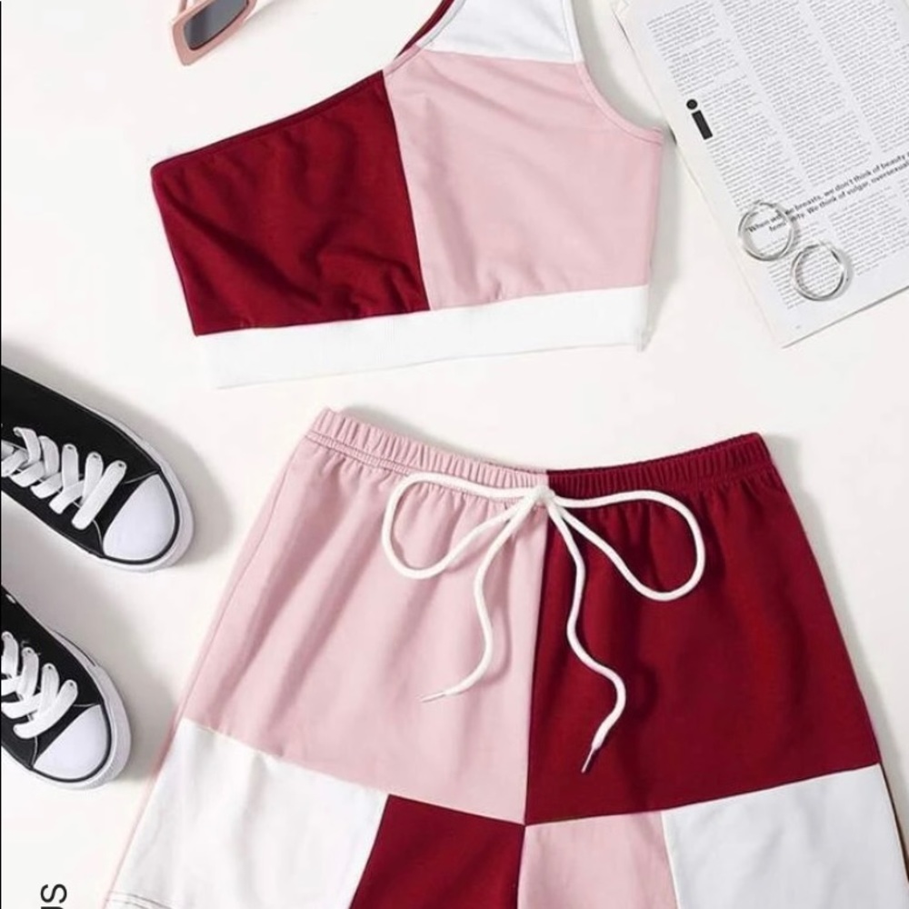 SHEIN Plus One Shoulder Colorblock Top & Shorts Set.